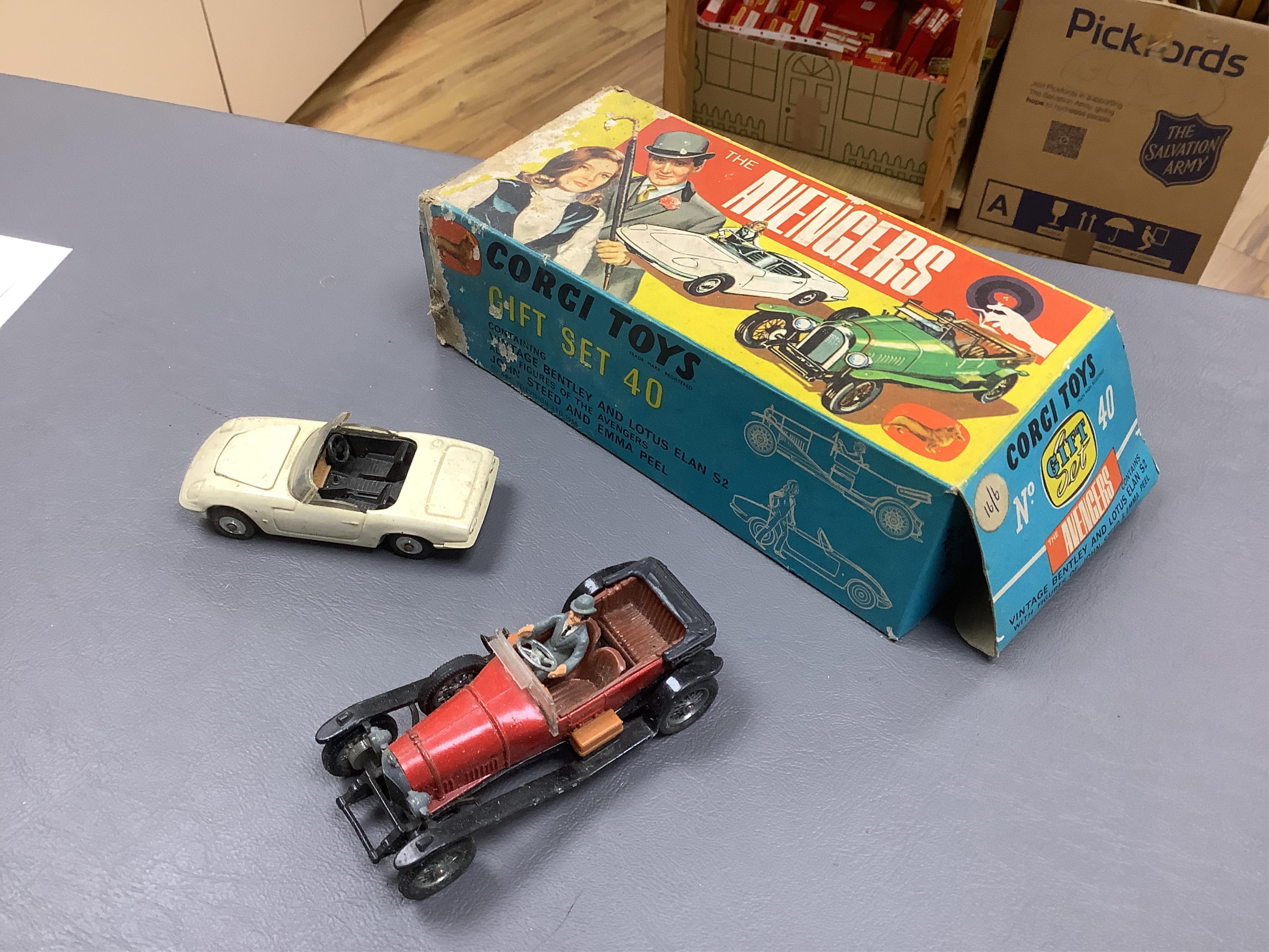 Seven boxed television related Corgi Toys; James Bond 007 Toyota 2000 GT (336), The Green Hornet’s Black Beauty (268), The Saint’s Volvo P1800 (258), The Man From Uncle Thrush-Buster (497) with inner display stand and Wa